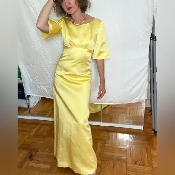 Dresses | Vintage 6s Elegant Liquid Yellowgold Empirewaist Satin Maxi Dress  Size Sm | Poshmark